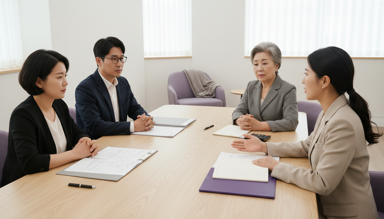 한국인 공동상속인 가족이 법률 상담자와 상속재산 분할을 위한 조정 절차와 재산 자료를 검토하는 모습