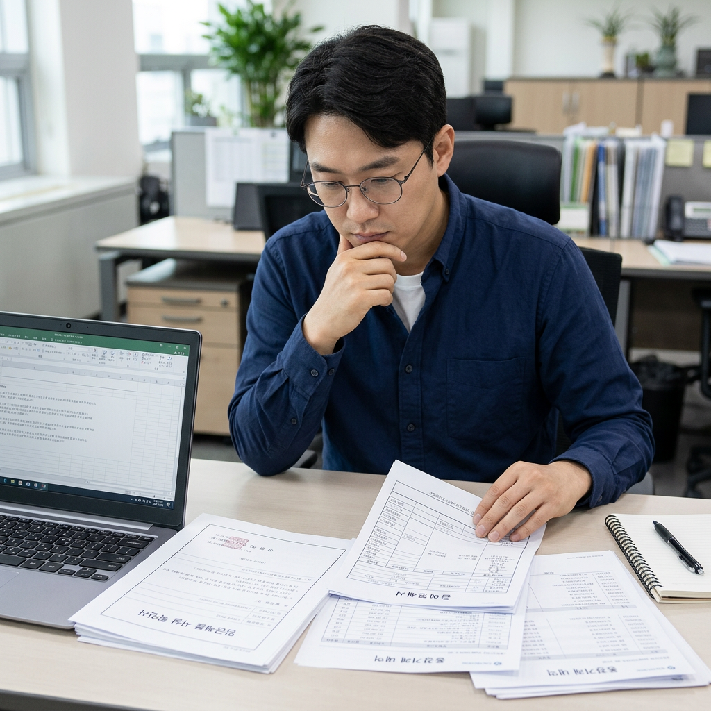 임금체불 신고 후 체불 임금등·사업주 확인서와 급여 자료를 확인하는 근로자