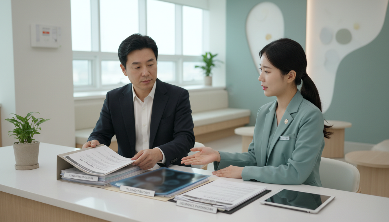 교통사고 경상환자가 병원 진료기록과 보험사 치료 연장 신청서류를 정리하는 모습