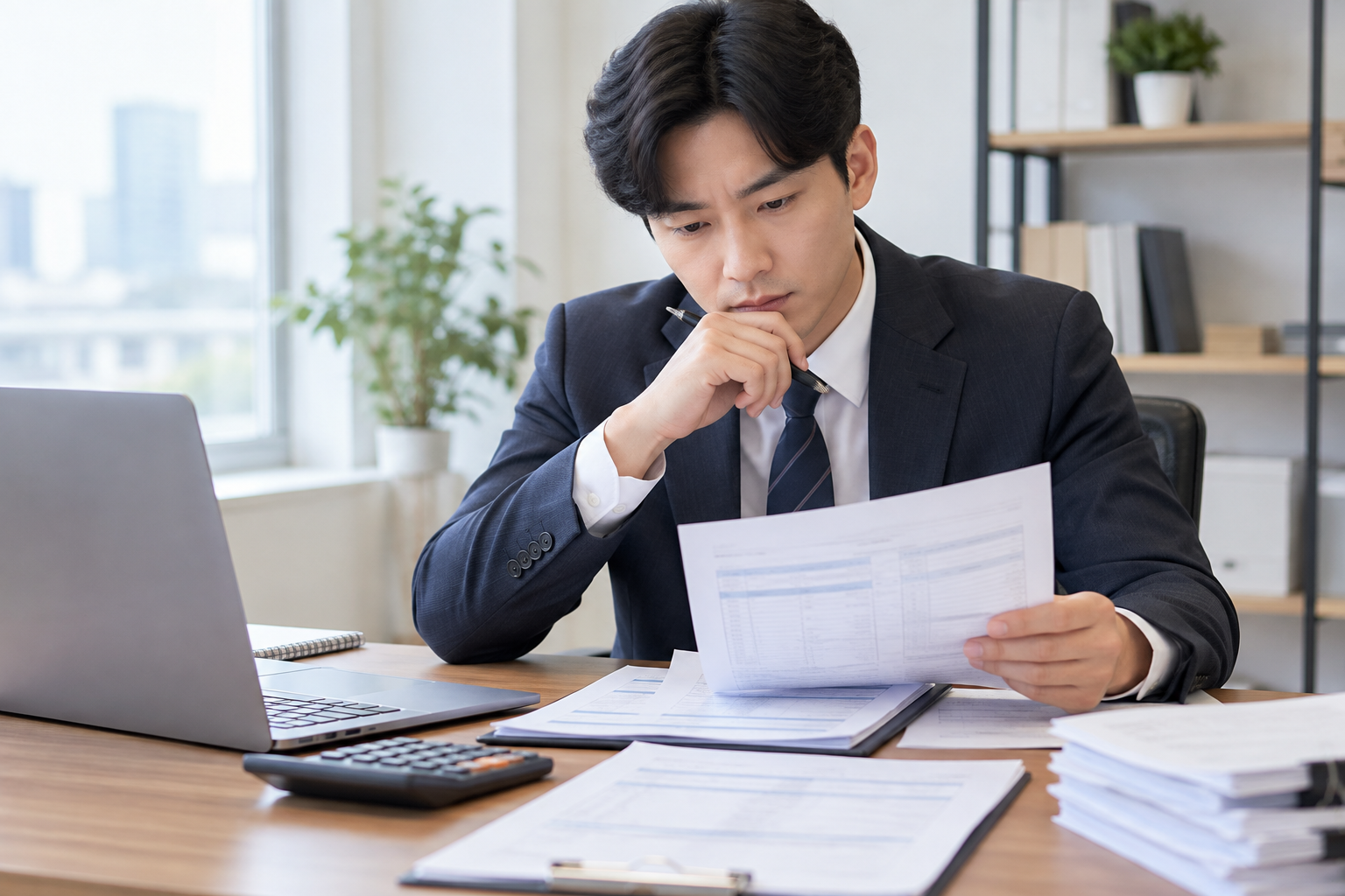 직장인이 사무실 책상에서 퇴직금 지급 내역과 관련 서류를 차분히 검토하는 모습